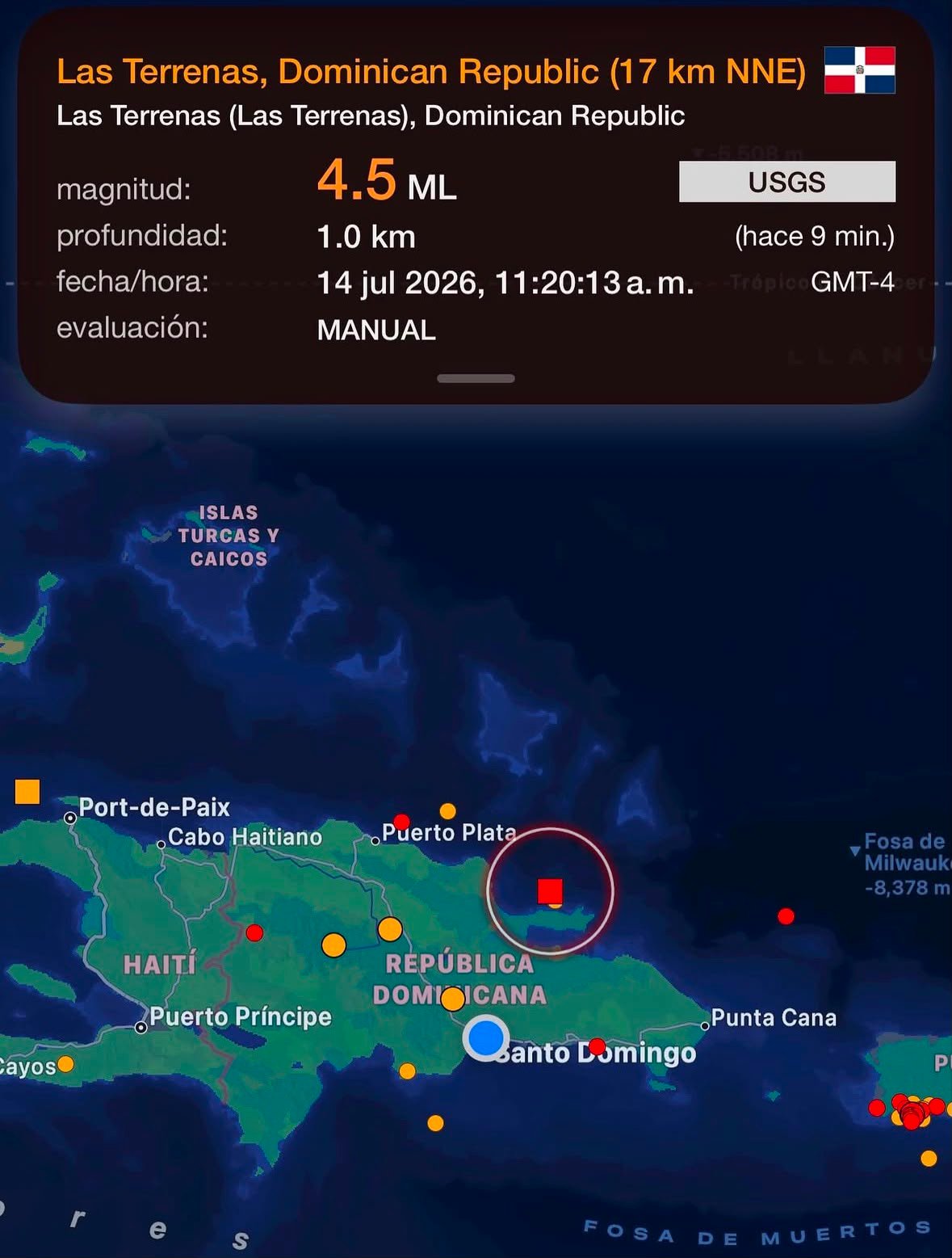 Sismo de magnitud 4.5 se registra frente a Las Terrenas; no reportan daños